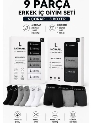 Ayessa Erkek 9lu Iç Giyim Seti Pamuklu 3 Boxer 6 Çorap Çoklu Paket - Siyah - Füme - Gri - Beyaz