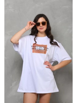 Ayessa Unisex Bisiklet Yaka Baskılı Oversize T-Shirt - Beyaz