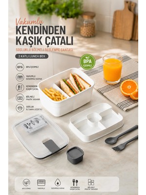 Maison Luré 3192 Vakumlu Kaşık Çatallı Sosluklu Bölmeli 2 Katlı Beslenme Çantası Yemek Kabı