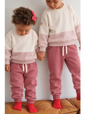 Cigit Garnili Sweatshirt İnce Mevsimlik Takım 2-8 Yaş Ekru Antik Pembe