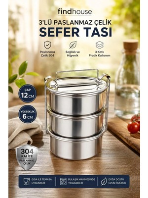 Maison Luré 304 Paslanmaz Çelik 3 Katlı Sefer Tası 12X6CM Yemek Kabı