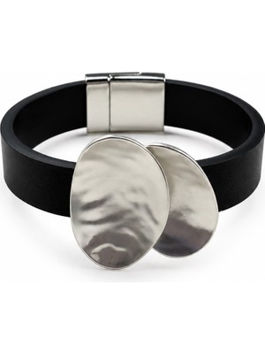 Sacha Dokulu Mat Oval Deri Silver Mıknatıslı Bileklik