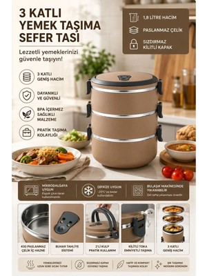 Maison Luré 3 Katlı Sızdırmaz Yemek Termosu Sefer Tası 1,8 Lt Kahverengi Yemek Kabı