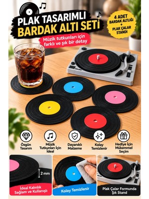 Ognami Plak Tasarımlı Bardak Altlığı 4 Lü Set Pikap Standlı Dekoratif Hediyelik Bardak Altlığı