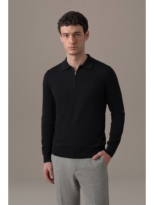 Hemington Merino Yün İpek Karışım Polo Yaka Yarım Fermuarlı Siyah Triko