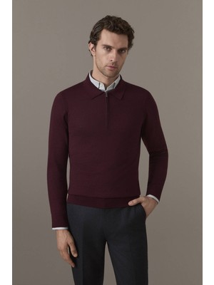 Hemington Merino Yün İpek Karışım Polo Yaka Yarım Fermuarlı Bordo Triko