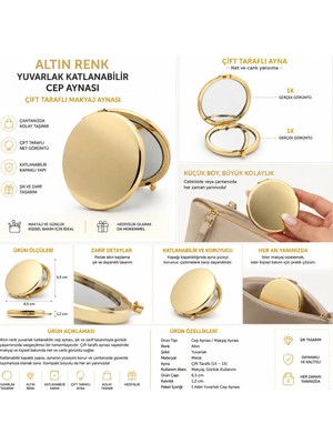 Zarif Souvenirs Altın Renk Yuvarlak Katlanabilir Cep Aynası Çift Taraflı Kompakt Ayna (10 Adet)I