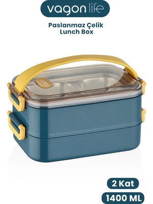 Maison Luré 1400 ml Bento Lunch Box Ofis-Okul Için 2 Kat Taşıma Kulplu Çelik Yemek Kabı