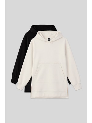 Tommy Life Yeni Rahat Form Kapüşonlu 2li Paket Siyah-Ekru Kadın Tunik Sweatshirt - 97163