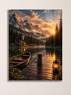 North Whiskers Gün Batımı Dağ ve Göl Manzaralı Metal Tablo - Doğa ve Kamp Temalı Duvar Dekoru, Metal Poster Wall Art