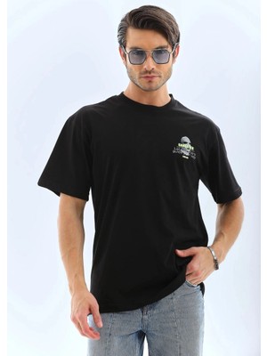 Erkek Baskılı Bisiklet Yaka Kısa Kol T-Shirt - Siyah