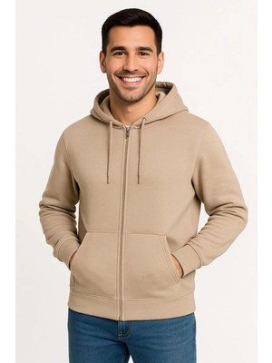Erkek 3 Iplik Pamuklu Kapüşonlu Tam Fermuarlı Cepli Hoodie Sweatshirt - Bej
