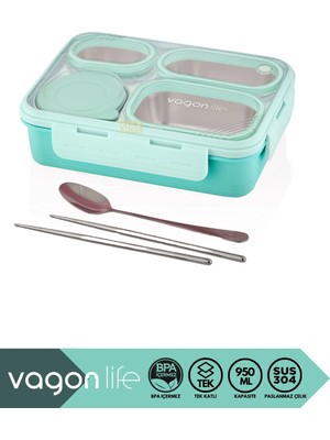 Maison Luré Bento 950ML Tek Katlı 4 Bölmeli Çelik Sefer Tası Yemek Kutusu Yemek Kabı