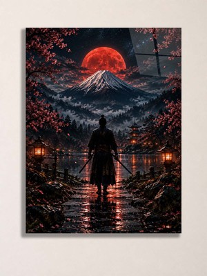 North Whiskers Samuray ve Fuji Dağı Temalı Metal Tablo - Kızıl Ay Japon Duvar Dekoru, Metal Poster Wall Art 29 x 41 cm
