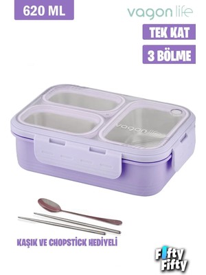Maison Luré Tek Kat Üç Bölmeli Metal Kaşıklı 620 ml Sefer Tası Yemek Kabı