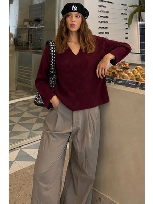 Bordo V Yaka Triko Kadın Kazak MG2501