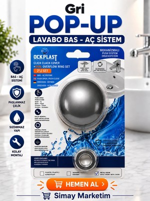 OCK Plast Paslanmaz Çelik Gri , Bas Aç Otomatik Sistem Pop-Up Lavabo Sifonu-Üniversal Bütün Modellere Uyumlu