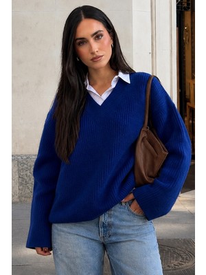 Saks V Yaka Triko Kadın Kazak MG2501