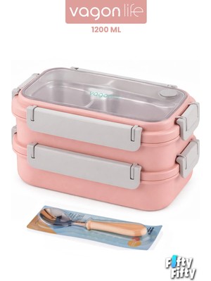 Maison Luré 1200 ml Iki Kat Üç Bölme Paslanmaz Çelik Bento Lunch Box Sefer Tası Kaşıklı Yemek Kabı