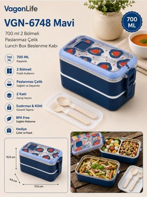 Maison Luré Mavi 700 ml 2 Katlı Paslanmaz Çelik Beslenme Kabı Beslenme Çantası