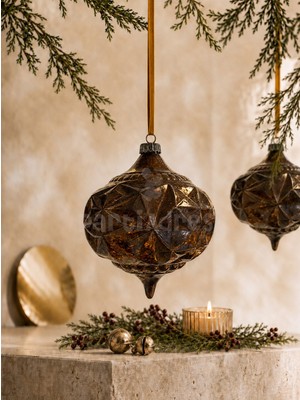 Parti Adresi Yılbaşı Topu Kahverengi Cam Görünümlü – Geometrik Desen Vintage Çam Ağacı Süsü 18 cm