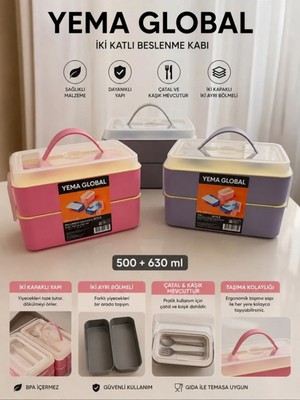 Maison Luré 2 Katlı Çatallı Kaşıklı Beslenme Kabı 1130 ml Sızdırmaz Yemek Kutusu Yemek Kabı