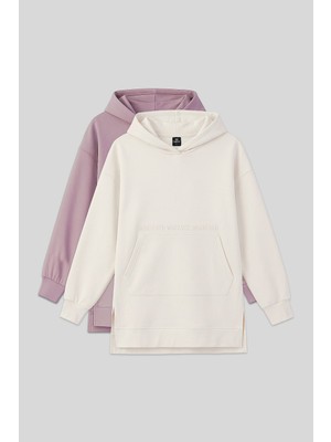 Tommy Life Yeni Rahat Form Kapüşonlu 2li Paket Ekru-Gül Kurusu Kadın Tunik Sweatshirt - 97163