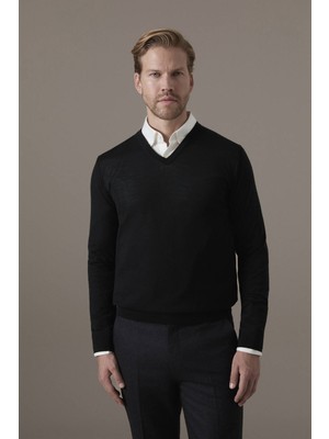 Hemington Ultrafine Merino Yünü V Yaka Siyah Triko