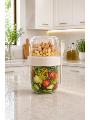 Maison Luré 600 ml Çift Katlı Salata Yoğurt Kabı Kaşık Çatal Dahil Yemek Kabı