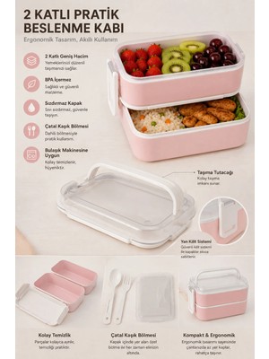 Maison Luré 2 Katlı Plastik Kaşık Çatallı Kilitli Lunch Box Sefer Tası 7 Parça Yemek Kabı
