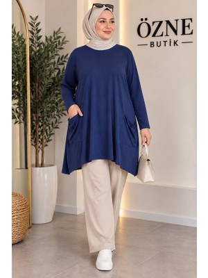 Özne Butik Büyük Beden Cep Detaylı A Kesim Pamuklu Likralı Penye Tunik