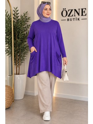 Özne Butik Büyük Beden Cep Detaylı A Kesim Pamuklu Likralı Penye Tunik