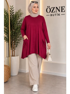Özne Butik Büyük Beden Cep Detaylı A Kesim Pamuklu Likralı Penye Tunik