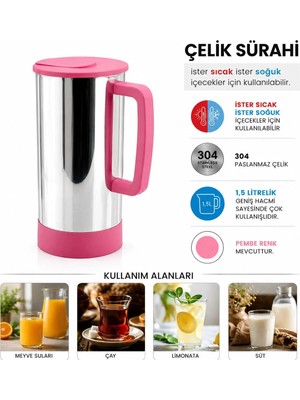 Maison Luré Paslanmaz Çelik Sıcak - Soğuk Çelik Sürahi Pembe Yemek Kabı