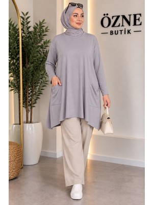 Özne Butik Büyük Beden Cep Detaylı A Kesim Pamuklu Likralı Penye Tunik