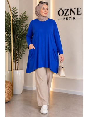 Özne Butik Büyük Beden Cep Detaylı A Kesim Pamuklu Likralı Penye Tunik