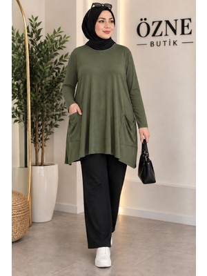 Özne Butik Büyük Beden Cep Detaylı A Kesim Pamuklu Likralı Penye Tunik