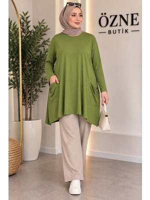 Özne Butik Büyük Beden Cep Detaylı A Kesim Pamuklu Likralı Penye Tunik