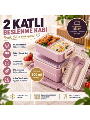 Maison Luré 2 Katlı Bölmeli Sefer Tası Beslenme Kabı 900ML Kaşık Çatal Setli Yemek Kabı