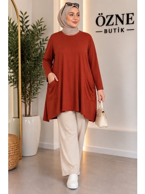 Özne Butik Büyük Beden Cep Detaylı A Kesim Pamuklu Likralı Penye Tunik
