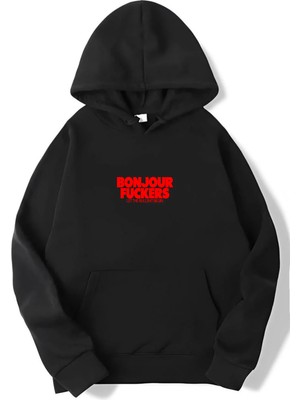 Brz Collection Unisex Oversize (Küçük) Bonjour Fuckers Hoodie Siyah