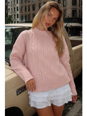 Pembe Bisiklet Yaka Örgü Desenli Kadın Triko Kazak MG2520
