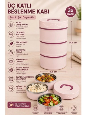 Maison Luré 3 Katlı Beslenme Kabı Sızdırmaz Kapaklı Yemek Saklama Kabı Yemek Kabı
