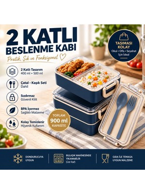 Maison Luré 2 Katlı Bölmeli Sefer Tası Beslenme Kabı 900ML Kaşık Çatal Setli Yemek Kabı
