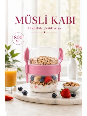 Maison Luré 800 ml Çift Katlı Müsli ve Yoğurt Kabı, Kaşık Çatal Dahil Yemek Kabı