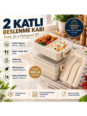 Maison Luré 2 Katlı Bölmeli Sefer Tası Beslenme Kabı 900ML Kaşık Çatal Setli Yemek Kabı