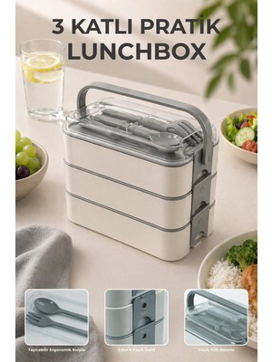 Maison Luré 3 Katlı Bölmeli Kilitli Lunchbox Taşıma Saplı Kaşık Çatal Yemek Kabı