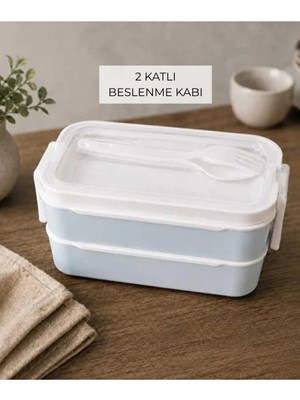 Maison Luré 2 Katlı Lunch Box Çatal Kaşıklı Taşıma Saplı 1000 ml Mavi Yemek Kabı