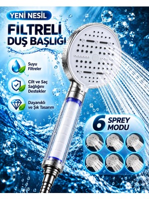 aklow akyoleticaret Modern Tasarımlı 6 Modlu Filtreli Duş Başlığı Büyük Panel Metalik Beyaz Duş Aparatı