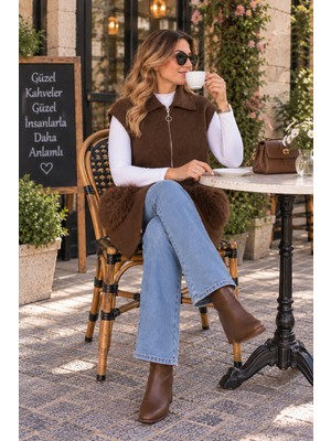 Kadın Angora Cepli Fermuarlı Yakalı Yelek